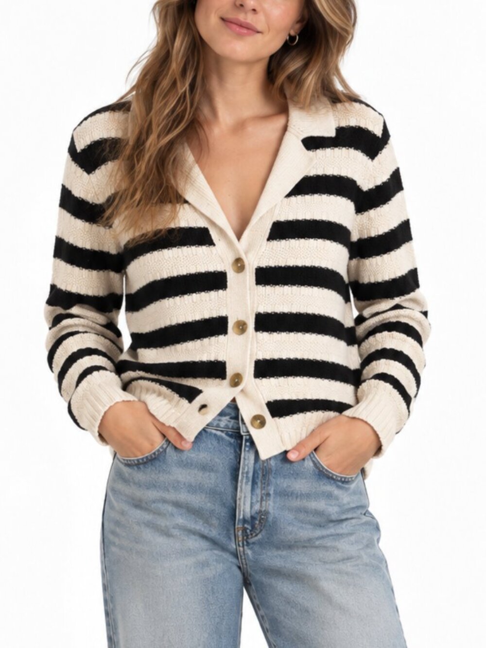 J.Jill Wearever Striped Knit Cardigan Black Cream Button Front Small Petite
